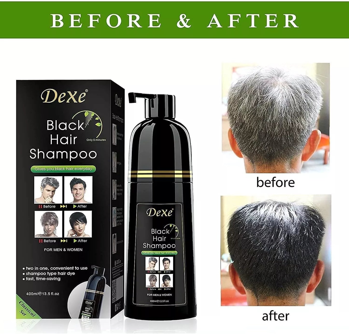 Dexe Black DYE Hair Shampoo Instant Hair Blackening 400 ml Bottle UK Stock